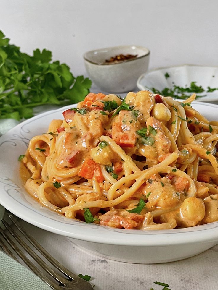 Esparguete cremoso com grão de bico (vegetariano…